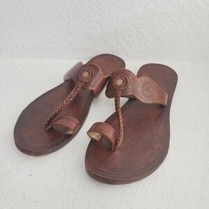 Handmade Women's Boho Toe Ring Leather Flats Sandals Festival Size 9/9.5